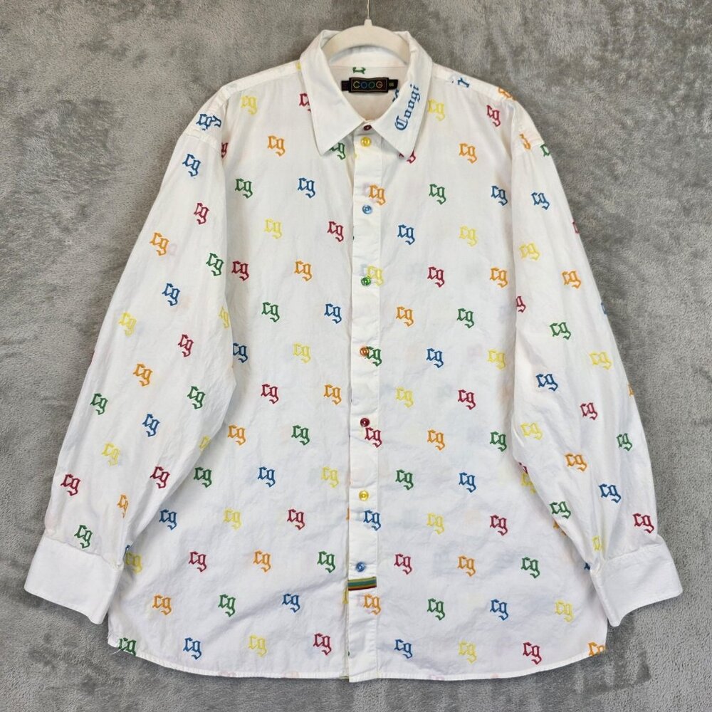 Coogi Shirt Mens 2XL White Multicolor Embroidered Allover Logo CG Button Down